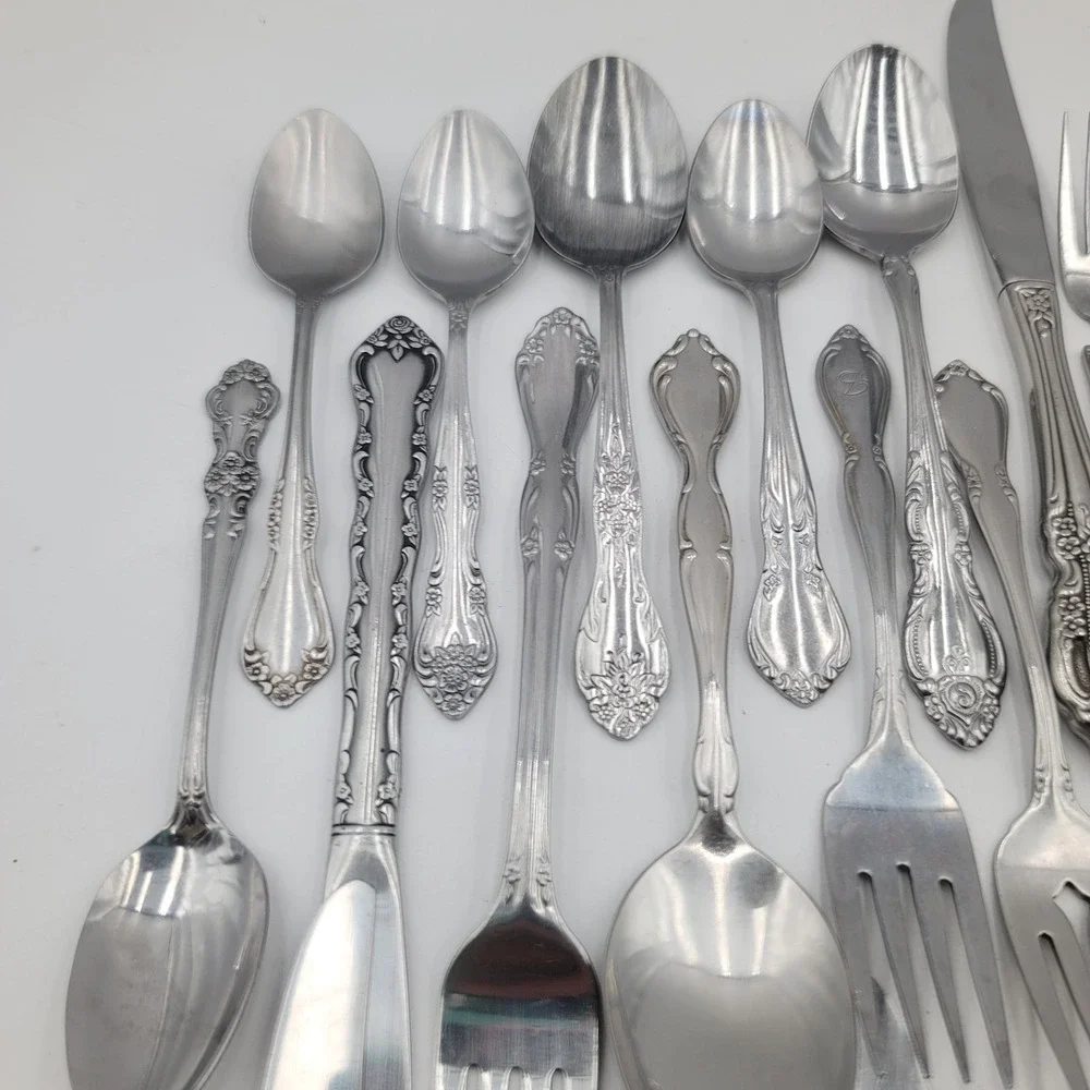 45pc Mixed Flatware Lot Ornate Floral Stainless Steel Silverware Forks Spoons